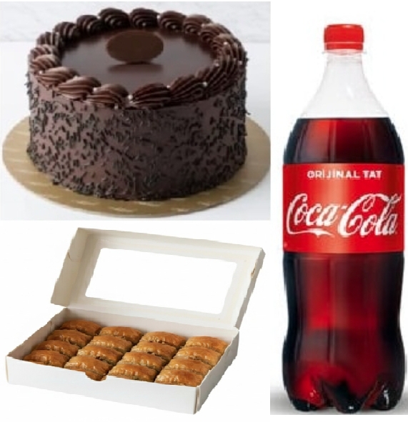 2-3 Kişilik Çikolatalı Yaş Pasta (1 Adet), 1 kg Cevizli Baklava (1 Adet), 1 Litre Kola (1 Adet) İzmir pasta
