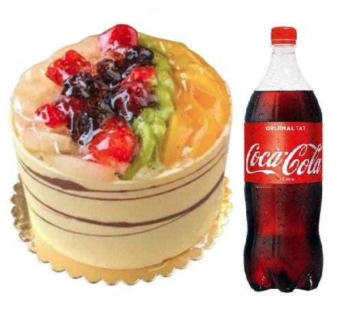 4 ile 6 kişilik karışık mevsim meyveli yaş pasta 1 lt cola gerçek meyve dolgulu taze ürün. İzmir pasta