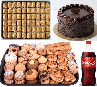Dörtlü Kutlama Paketi: Çikolatalı Pasta Baklava Kuru Pasta ve Kola İzmir pasta